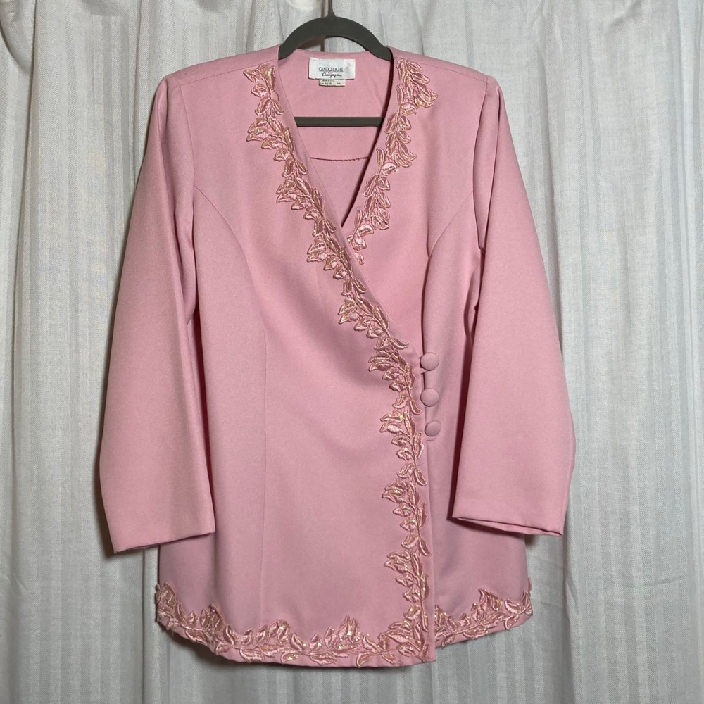Candlelight & Champagne Pink Embroidered Lace Wrap Blazer Jacket USA Made
